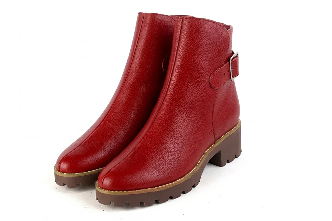 Women's cherry red back-buckle ankle boots with round toe and chunky rubber lug sole - Front view